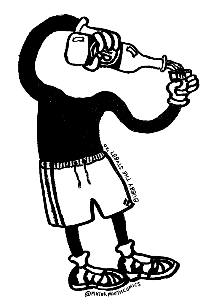 A rubber-hose limbed little humanoid with a long-neck beer for a head pours himself a drink out of it and into a glass held in his hand. He is wearing adidas shorts and NIke Tns, but no shirt.