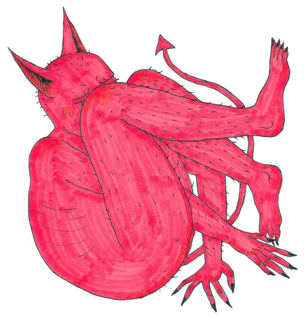 A cool-red demon in profile, curled up on itself in the foetal position with one hand planted firm on the ground and its two feet on the "wall" of the image (where the image ends, it's feet rest there).
