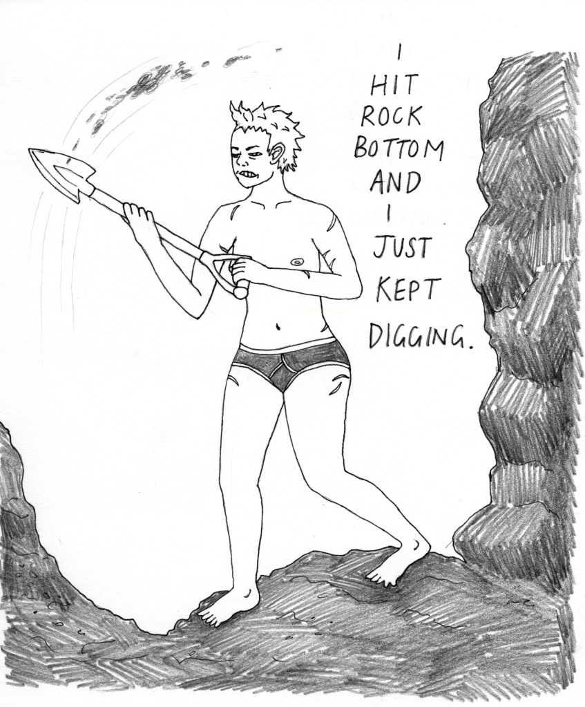 First page of the comic, Lile is in a large hole of her own making, shown in a cross-section. Her teeth are gritted as she throws a shovel of dirt over her shoulder. Text beside her reads, "I hit rock bottom and I just kept digging."