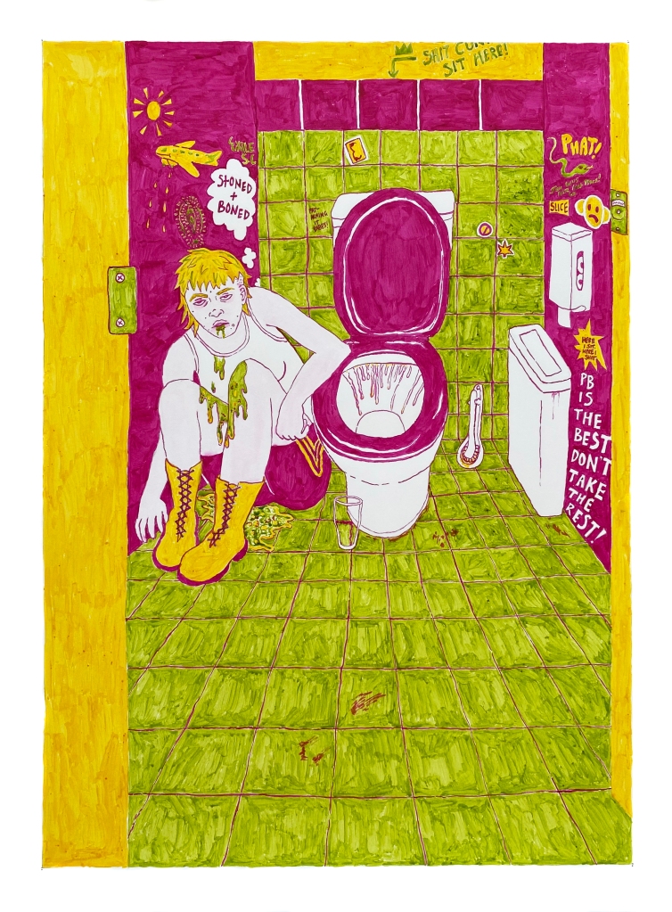 A coloured ink drawing of Siobhan crouched beside the filthy pub toilet, looking ill and dazed after having vomited onto her own lap. Spew covers her knees and pools on the floor between her legs, and empty schooner glass sitting beside her. The drawing uses magenta, yellow and chartreuse inks.